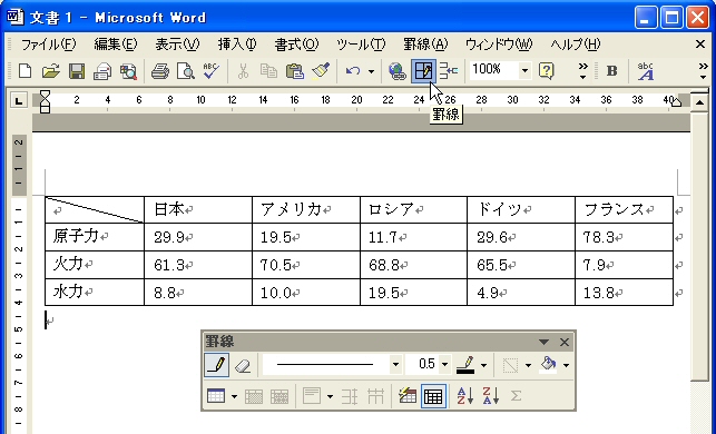 罫線ツールバーの表示