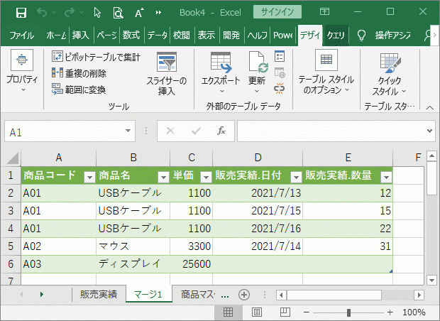 PowerQueryで作成した表が表示される