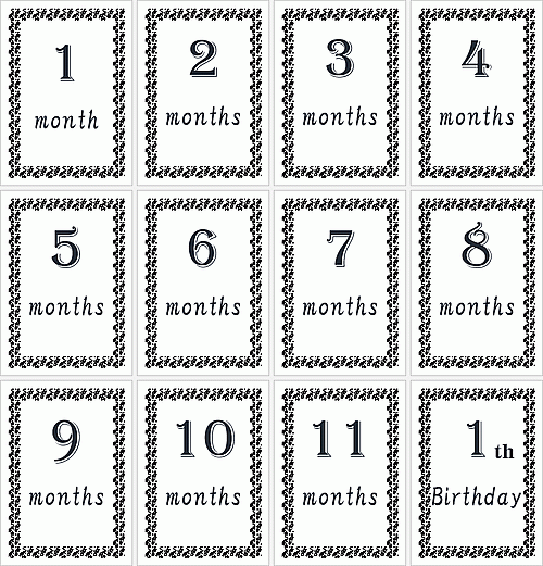 2L判サイズ 月齢カードのテンプレート 1ヶ月から1歳までの12枚