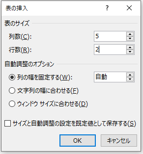 表の挿入ダイアログボックス