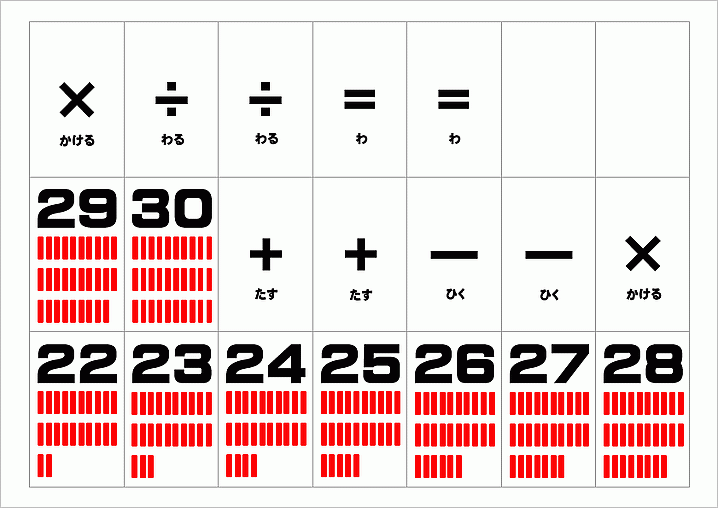 計算カードのテンプレート　22～30の数字カード・式・白紙　A4