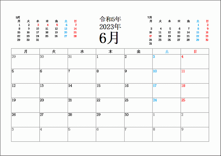 2023年6月の月曜始りカレンダー