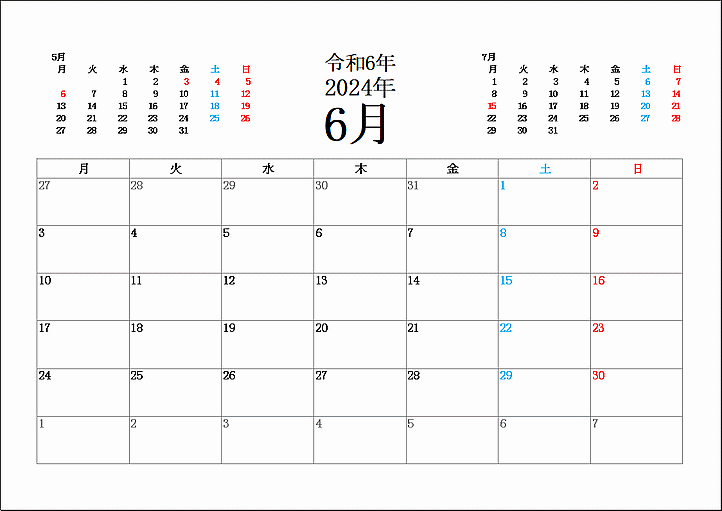 2024年6月の月曜始りカレンダー