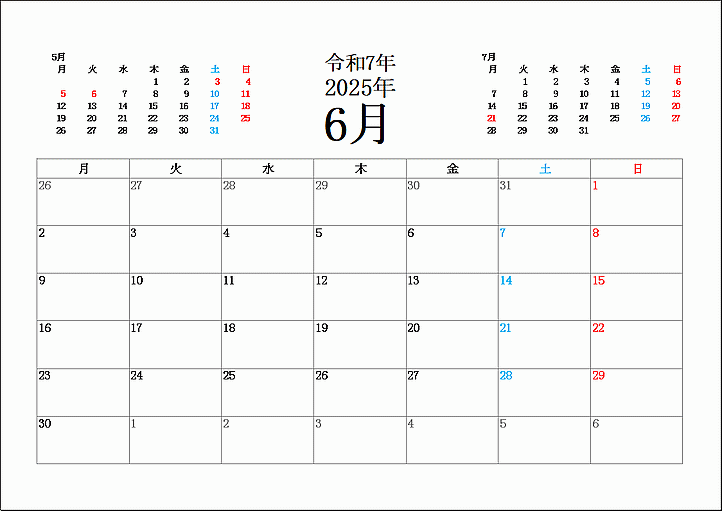 月曜始り2025年6月カレンダー