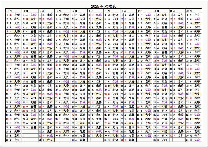 2025年 大安と仏滅を色分けした六曜表年間カレンダーのテンプレート