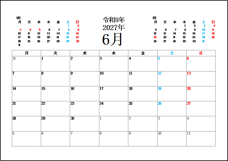 月曜日始まり2027年6月カレンダー