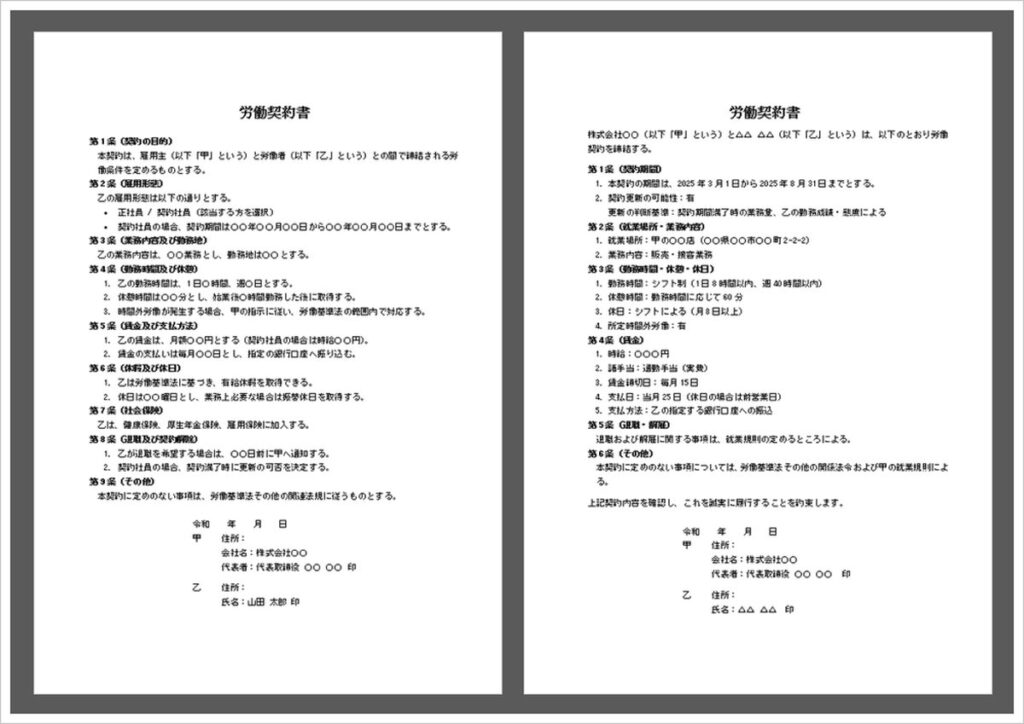 正社員・アルバイト・パート用労働契約書