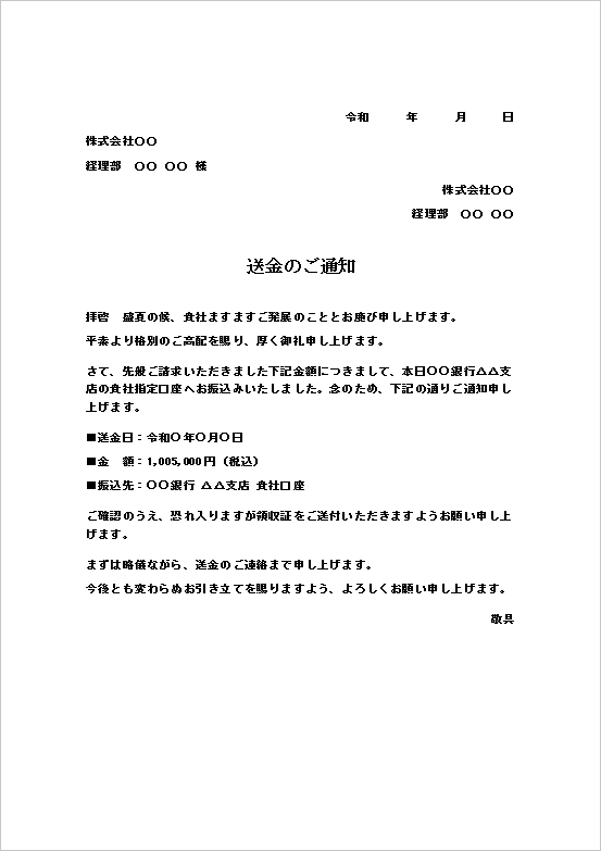 文書形式のフォーマルなスタイルの送金通知書