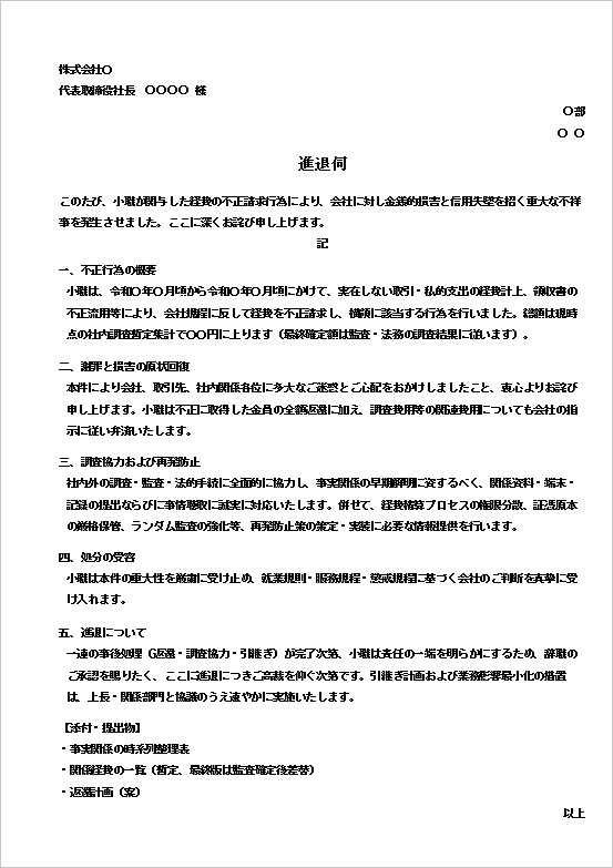 経費不正請求・横領による進退伺のテンプレート