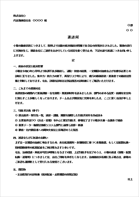 病気による就労困難が理由の進退伺テンプレート