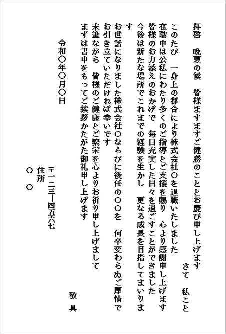 簡潔・定型のハガキ形式の退職挨拶状