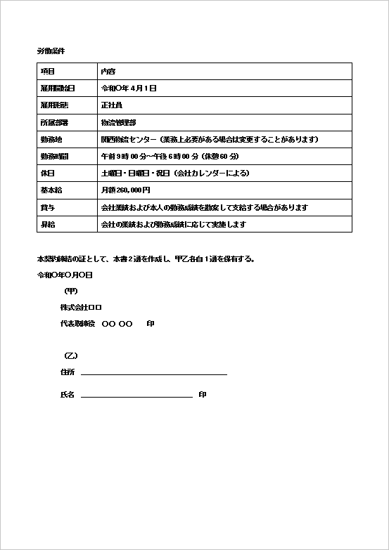 労働契約書（労働条件表付き・2ページ目）のWordテンプレート画面